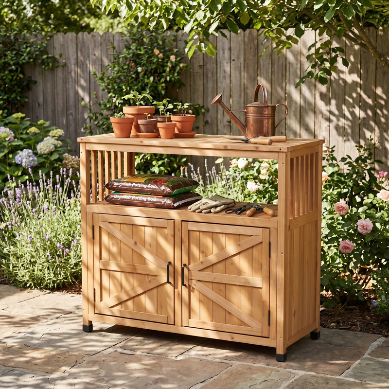 Ensemble de table de bar en bois avec rangement et buffet d'extérieur, Brun