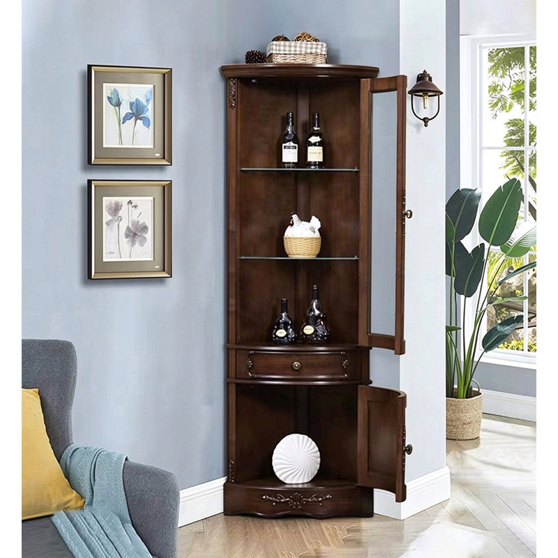 Armoire à vin de coin sculptée à la main avec tablettes réglables, Cherry