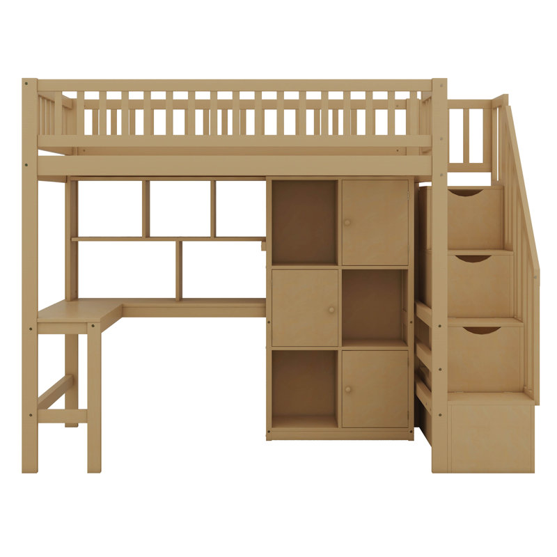 Lit mezzanine simple en bois avec bureau intégré, DEL, tablettes de rangement, armoires et escalier, structure de lit mezzanine peu encombrante