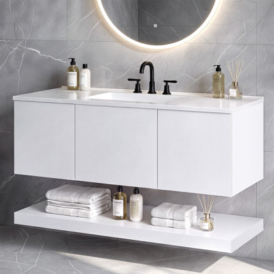 Armoire de salle de bain murale 48 po, meuble-lavabo flottant en panneau de fibres à densité moyenne avec 3 tiroirs et tablette inférieure ouverte, meuble-lavabo peint en blanc avec design sans poignée, comptoir de lavabo en composite