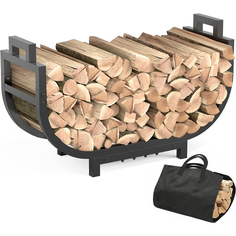 Support à bois d'extérieur pour l'intérieur avec poignée et sac de transport de bûches, support à bûches robuste pour support de bûches en métal stable