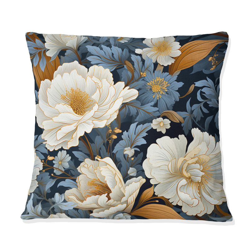 Coussin décoratif à imprimé floral bleu et beige Renoncule, H 16 po x l 16 po
