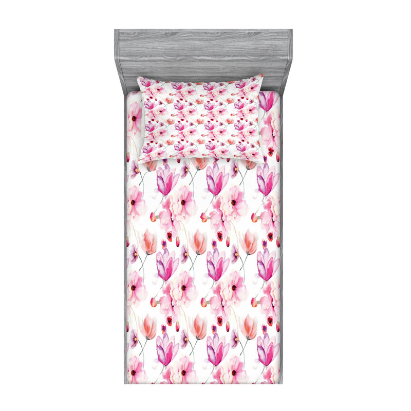 Microfiber Floral Fitted Sheet, Twin XL Sheet Set with Fitted Sheet, Blooming Flowers Spring