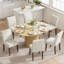 Ensemble de table de salle à manger moderne extensible pour 4 à 11 personnes avec rangement caché, table convertible ronde à ovale et chaises rembourrées en tissu-133948229-133948227