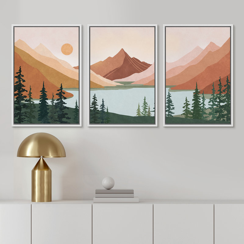 «Sun Mountain Landscape Forest Lake Abstract Minimal Nature Scene», reproduction d'art sur toile encadrée 3 pièces, White