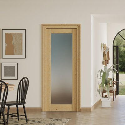 1 Lite Frosted Glass Solid Pine Interior Door Slab - Pine Finish Door With Matching Door Frame & Prehung-Style Black Hinges (Door & Frame Ship Separately, Installation Required)