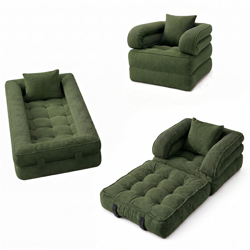 Convertible Corduroy Sleeper Sofa Bed, 3-Position (Sofa/Recliner/Bed) with High-Density Foam, No Assembly Required, Vacuum-Compressed for Easy Shipping