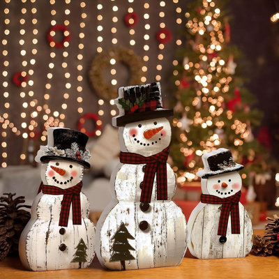 Christmas Snowman Wooden Decoration – Natural Wood / White Accents – Block Sign / Rustic Table Centerpiece / Holiday & Winter Decor