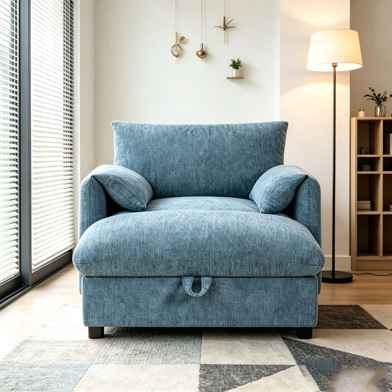 Canapé simple avec repose-pieds 37 po, Chenille bleu