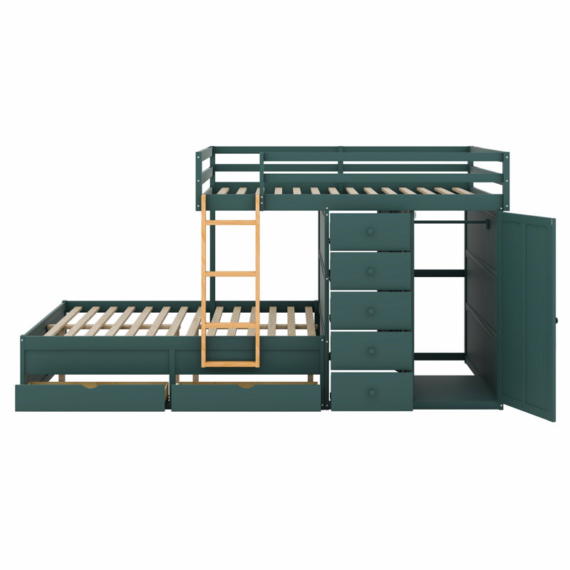 Wood Bunk Bed With Small Wardrobe And 2 Large 5 Small Storage Drawers, Morandi Green