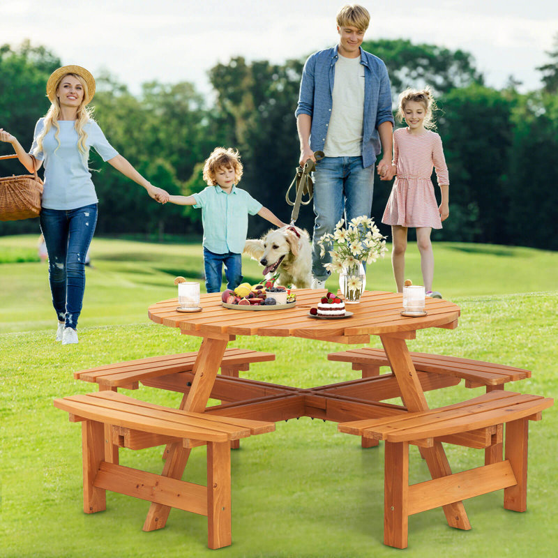 8-person Round Picnic Table Set With 4 Built-in Benches 2" Umbrella Hole, Yellow