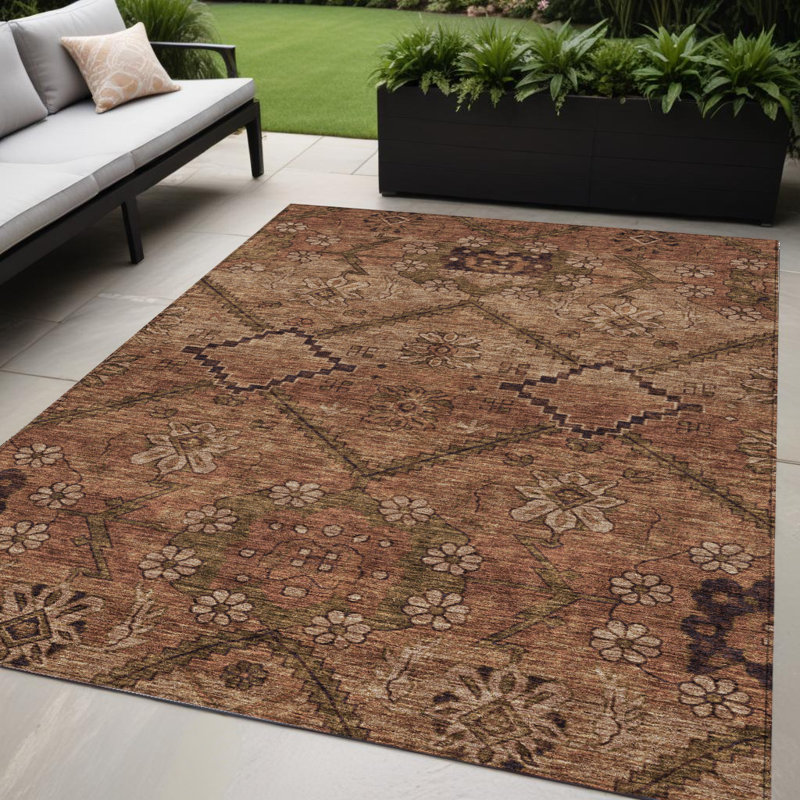 Tapis extérieur lavable floral orange 5 pi x 8 pi cuivre et brun