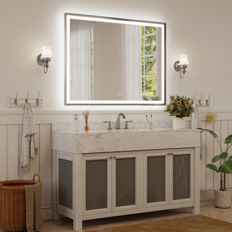 Modern Bathroom LED Mirror with Tempered Glass, Beveled Frame Vanity  Aluminum Frame Wall Mirror, Brushed Nickel, 36" x 48"