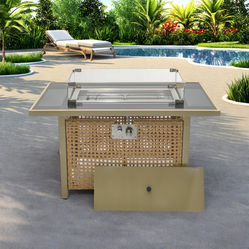 Foyer de table au propane avec pare-vent en verre et osier à motif de panier ouvert, Jaune orange