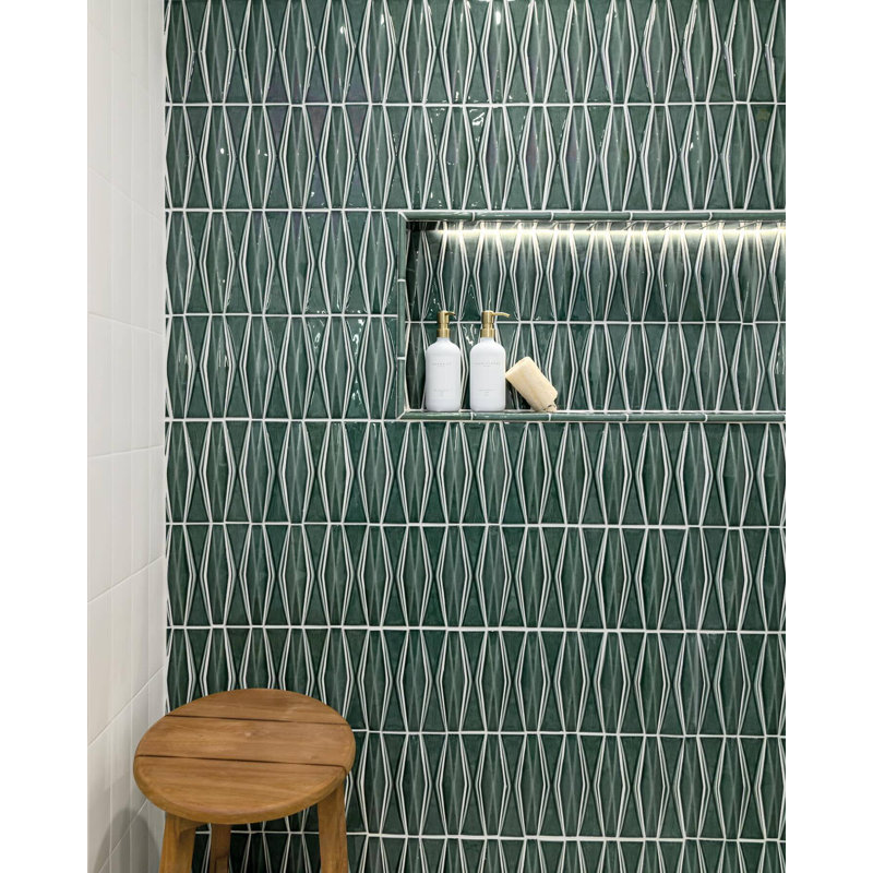 Nabi Harlequin 2X8 Crackled Glossy Glass Mosaic Tile, Deep Emerald Green