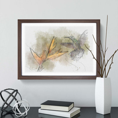 Hummingbird by a Flower in Abstract - Framed Print