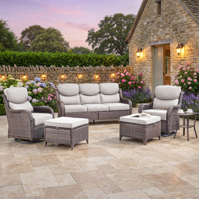 Outdoor Swivel Rocking Chair Patio Set (6-Piece), High-Back 5" Thick Cushion Swivel Rocking Chair Patio Set, All-Weather Wicker Patio Furniture Set, Suitable For Balcony Patios