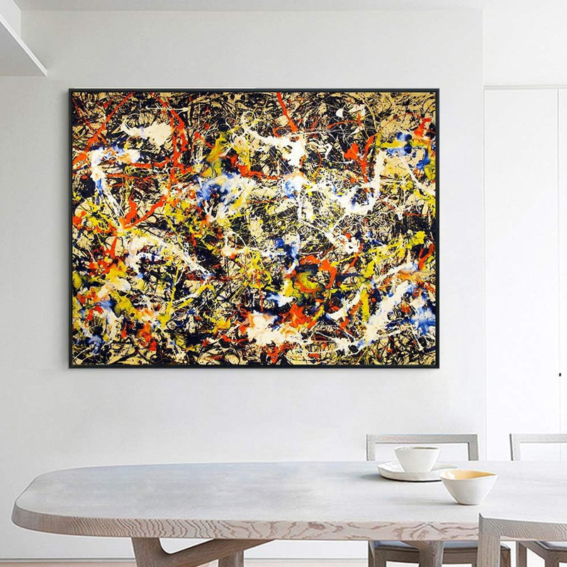 Framed Canvas Giclee Print Art Convergence by Jackson-Pollock Abstract Wall Art Home Decor(Black Color Slim Frame,28"x40")