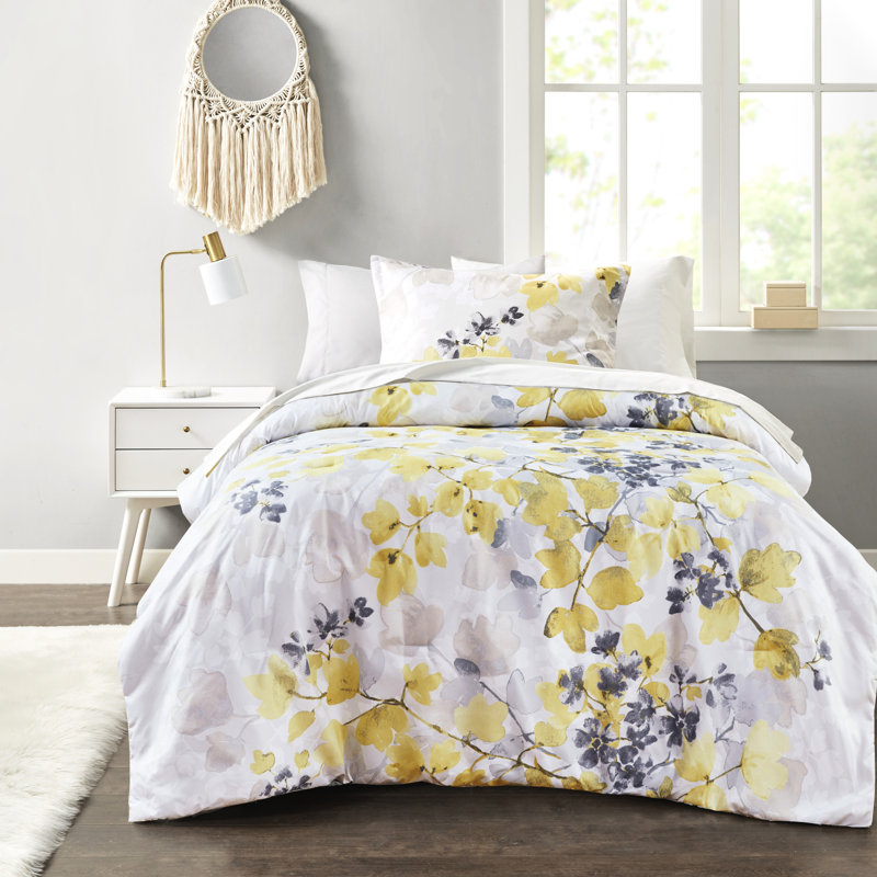 Merveilleux édredon avec draps de lit - Grand jaune et feuille grise, impression délicate