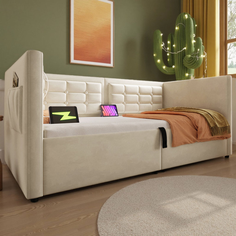 Twin Size Velvet Daybed Hydraulic Storage Bed Frame with USB/Type-C Charging, Tufted Sofa Back & Wooden Slats, Upholstered Twin Bed for Small Spaces (350 lb Capacity)