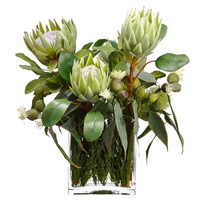 Protea, Eucalyptus, Leucospermum, and Rosemary Faux Arrangement in Glass Vase