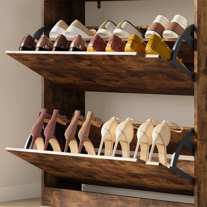 Armoire de rangement pour chaussures Farmhouse avec 2 tiroirs rabattables - étagère étroite de 9,45 po de profondeur et réglable pour entrée, couloir