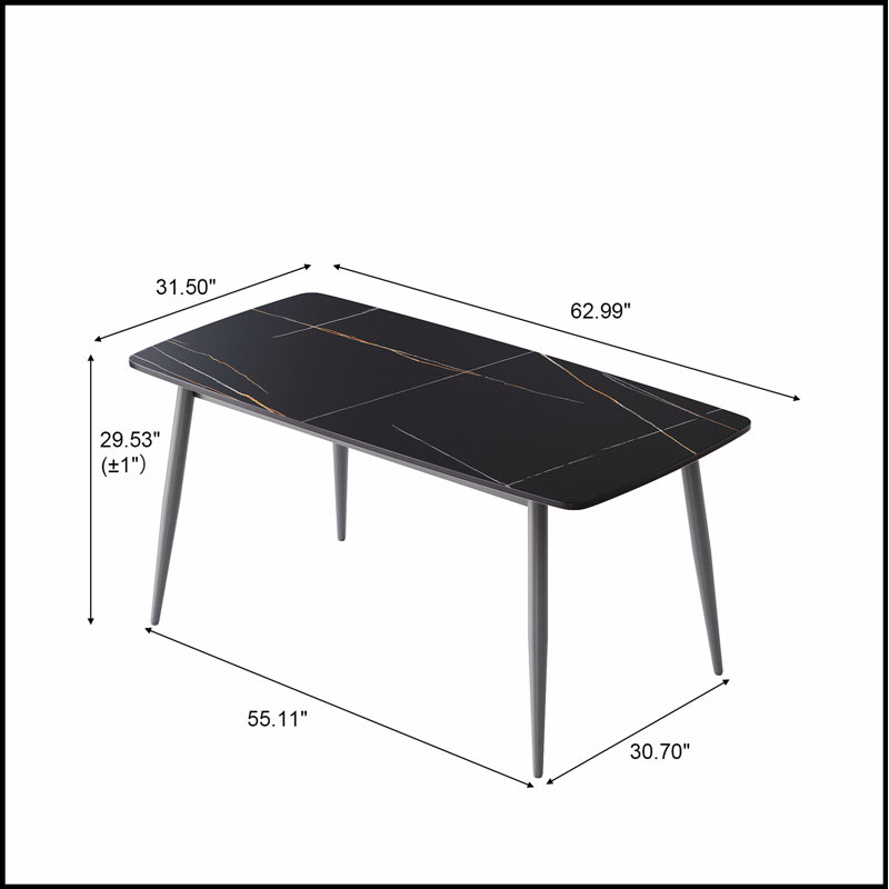 Table de salle à manger moderne moderne en pierre artificielle à bord arrondi avec pieds en métal gris foncé, pouvant accueillir 6 personnes