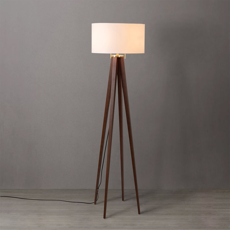 Quattro Mid-Century Modern Floor Lamp with White Linen Shade – Quad-Leg Wood Base, Weathered Brass Accents, Warm Ambient Lighting, Smart-Switch Ready, LED Compatible, Elegant Designer Accent Lamp
