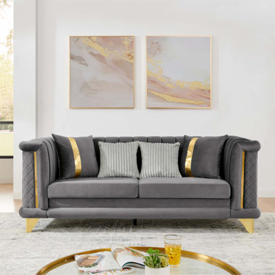 Luxueux canapé 3 places en velours 89 pouces avec garnitures en acier inoxydable et texture brodée, canapé capitonné victorien de style Mid-Century pour des espaces de vie élégants
