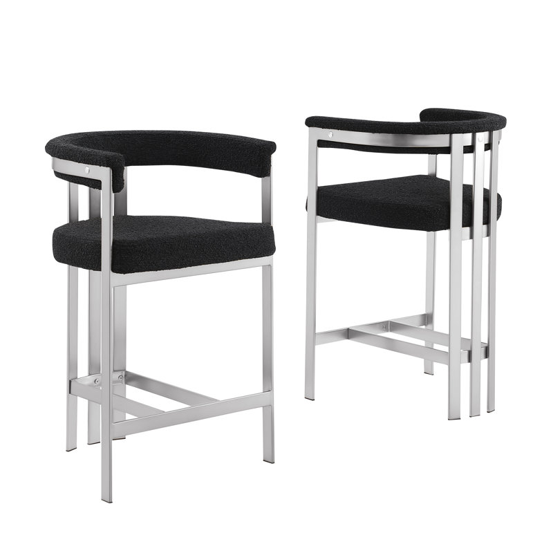 Counterheight & Barstool Boucle Fabric Chairs with Brushed Matte Chrome, Black Seat/Silver Frame, Set of 2