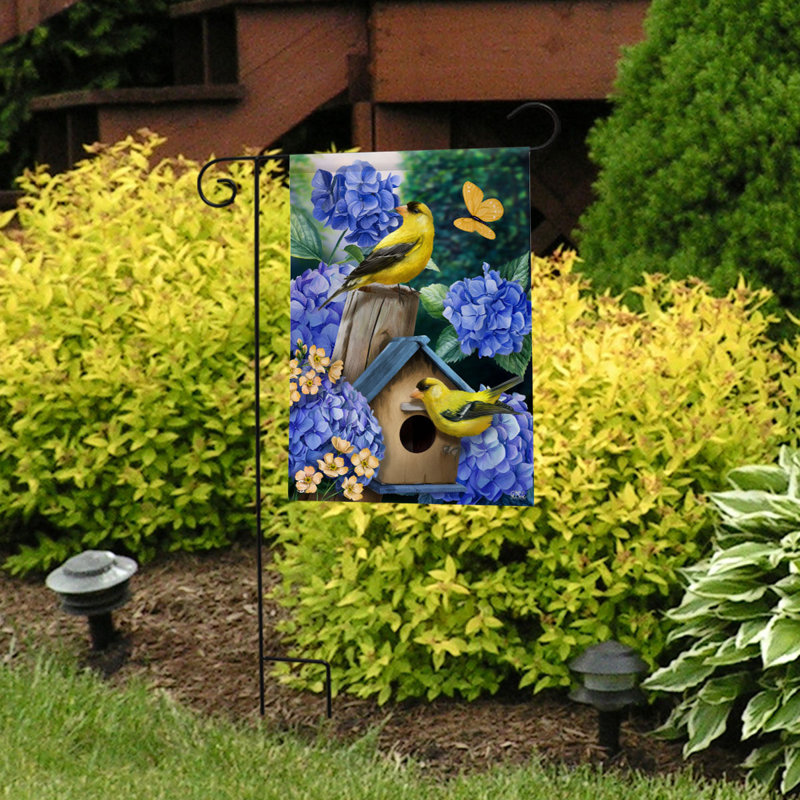 Drapeau de jardin chardonnerets et hortensias, Printemps jaune/marine/vert