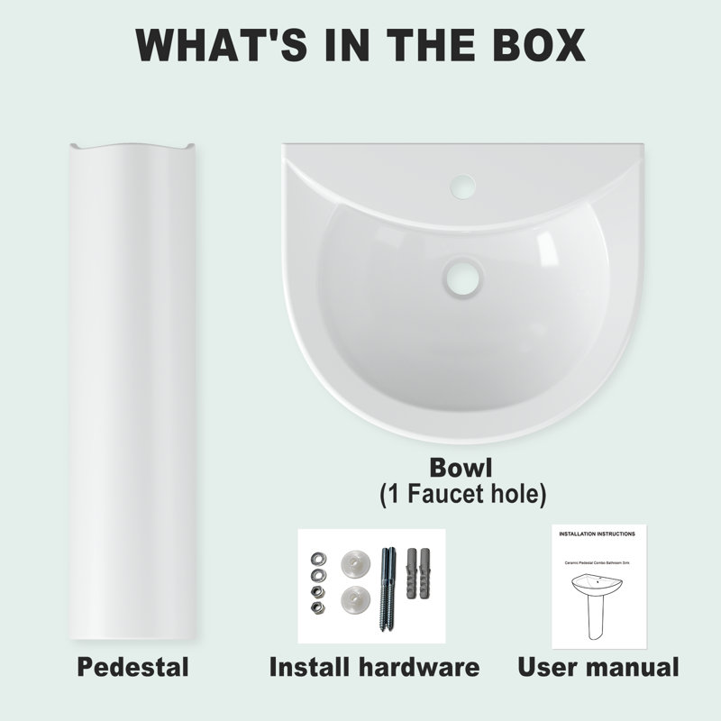 Lavabo sur pied 20 "x 17" pour salle de bain, lavabo sur pied en céramique en U, lavabo pour salle de bain avec trop-plein