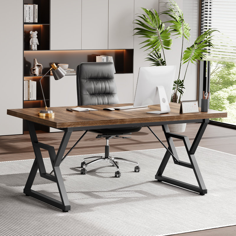 Computer Desk Executive Desk With Thick Wooden Tabletop And Metal Frame, 29.52” H x 63” W x 31.5” D, Brown