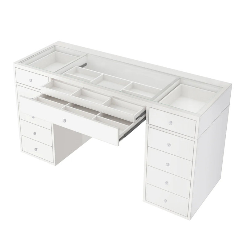 Slaystation Luxe Premium Vanity Table, Makeup Desk With Dual 4 Storage Drawer Unit, Glass Top