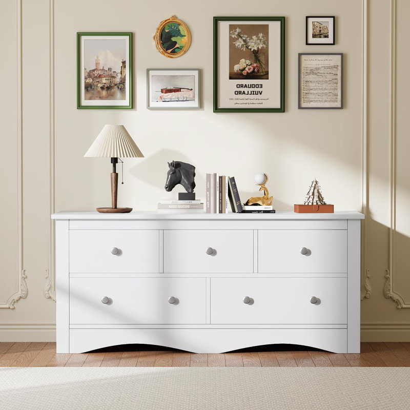 Modern 5-drawer Double Dresser, 52" W, White