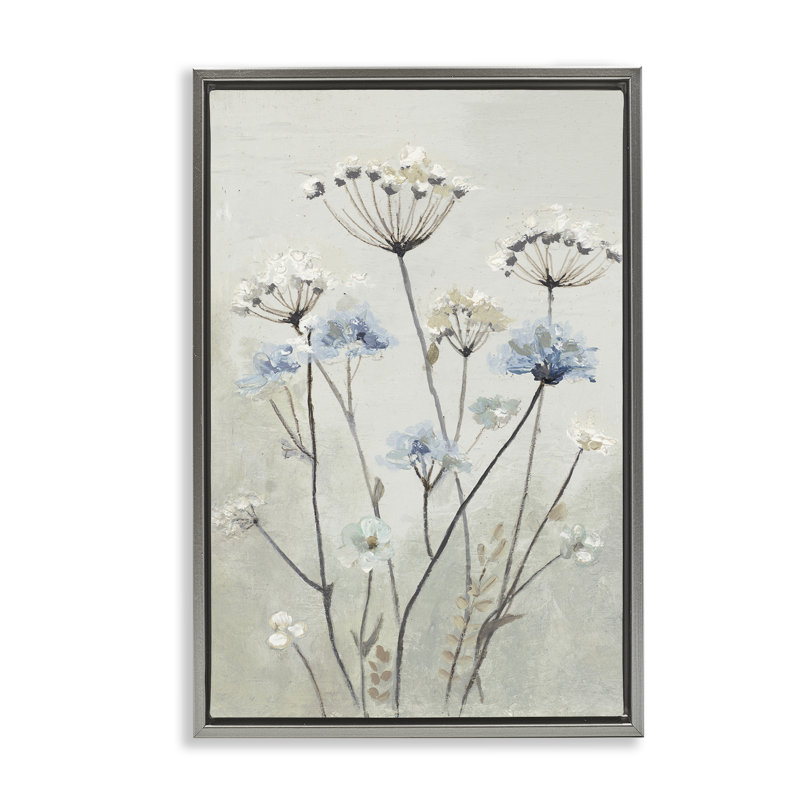 «Neutral & Blue Dandelions», par Patricia Pinto, H 31 po x l 21 po, Cadre flottant gris lustré