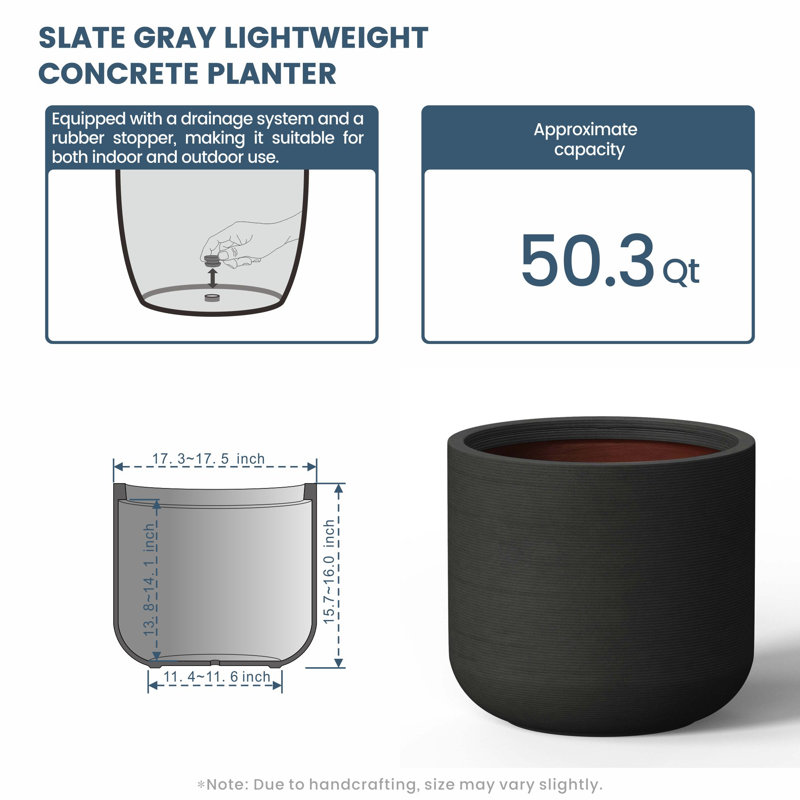 Medium (Upgraded Interior) Concrete Round Planter / Pot With Drainage Holes, Slate Gray (Upgraded Interior)