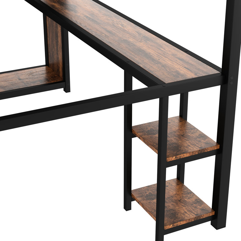 Grand lit mezzanine en métal noir, armoire avec rangement pour tablettes, espace de travail de bureau, espace de rangement, garde-corps sous le lit pour les vêtements, lecture, organisation des tablettes, économie d'espace