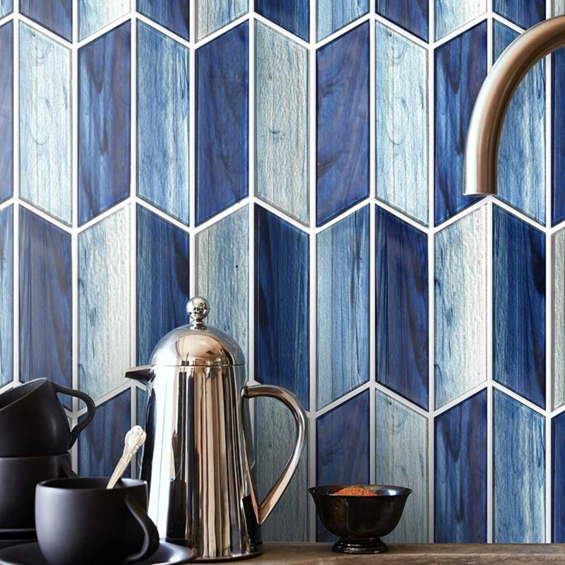 Maya 2x7 Chevron Polished Glass Mosaic Tile, Chevron Azur