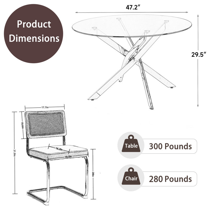 Ensemble de table de salle à manger à piédestal 5 pièces avec chaises rembourrées en rotin, H 29,5 po x L 47,2 po x l 47,2 po
