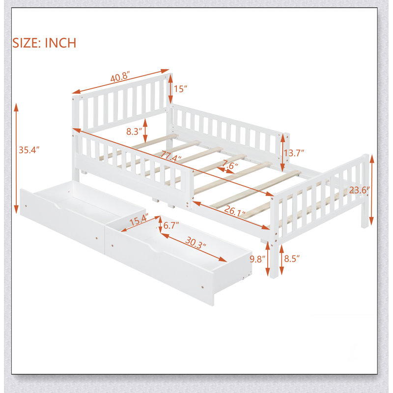 Lit plateforme simple en bois avec garde-corps des deux côtés et deux tiroirs de rangement, Blanc