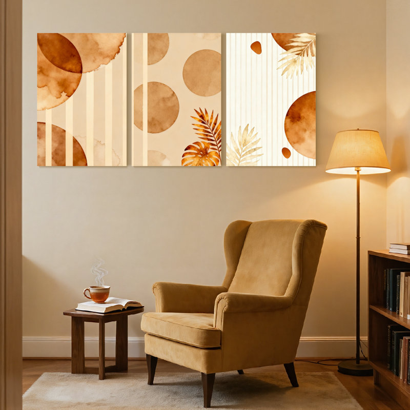 «Contemporary Boho Abstract Circles Stripes Leaves», ensemble de 3 impressions sur toile, H 18 po x l 36 po