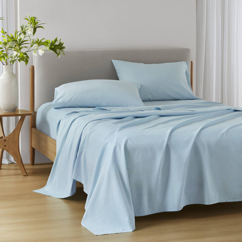 Cotton 144TC Breathable 100% Cotton Sheet Set, Light Blue, King Sheet Set with 2 Pillowcases