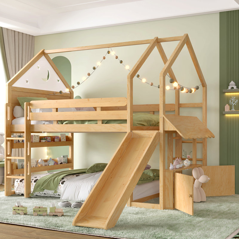 Full Size Loft Bed With Bookshelf Playful Design For Kids House-Shaped Structure With Slide High-Quality Safety Rails