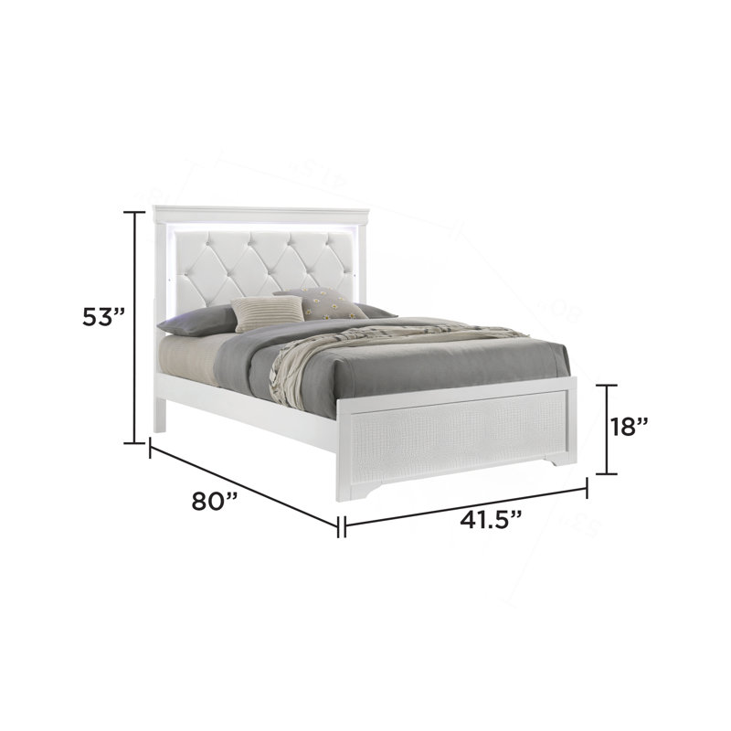 Lit rembourré de style moderne avec tête de lit à DEL et bois, Lit simple, Blanc