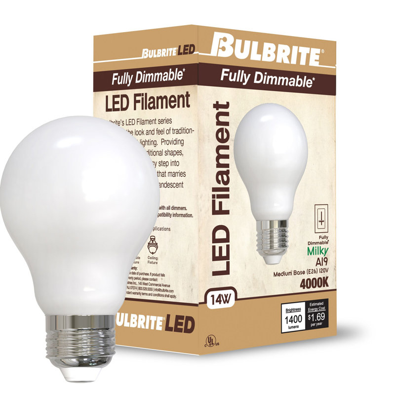 LED Filament Pack of (4) 14 Watt Dimmable A19 Light Bulb with Medium (E26) Base, 14W, 4000K