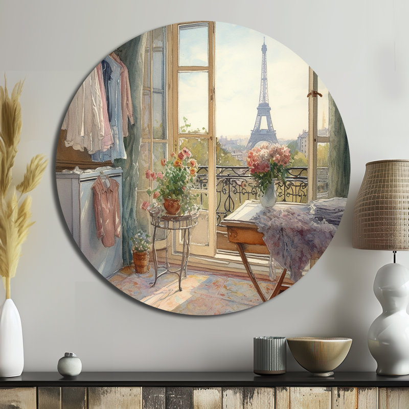 Buanderie avec vue sur la Tour Eiffel II - Art floral rond en métal, H 29 po x l 29 po