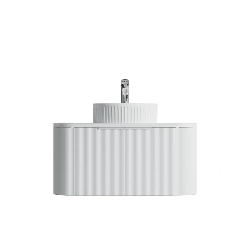 Meuble-lavabo simple 34 po avec plateau en marbre Vireo, Blanc, Chêne naturel