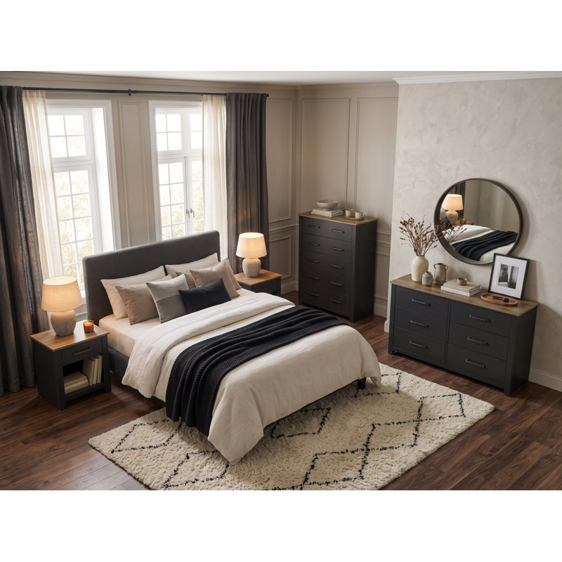 Ensemble de chambre à coucher moderne 3 pièces Erwan, Dark Gray Oak, 3 Pcs: Dresser, Chest, Nightstand