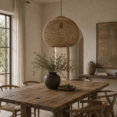 Luminaire suspendu en rotin naturel tissé à la main Noble avec détails en bois de teck